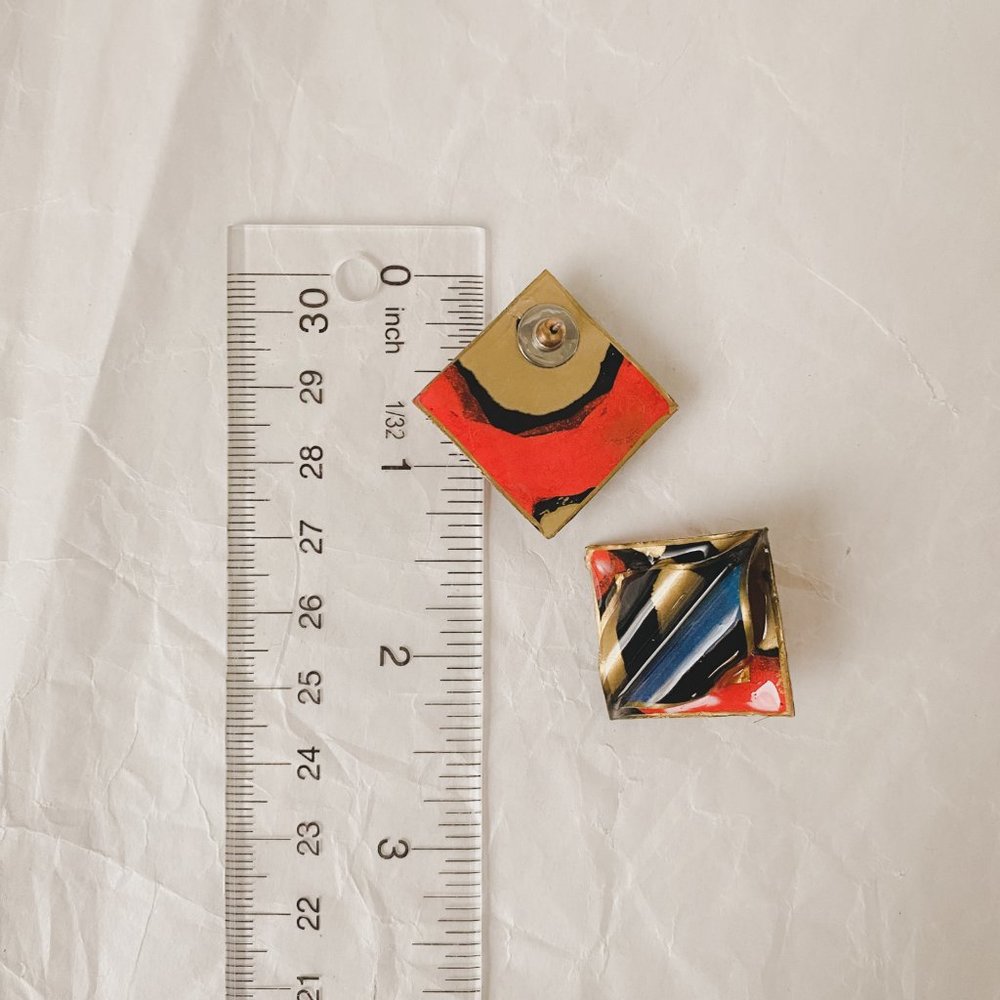 Vintage Orange Blue Gold Funky Abstract Mod Diamond Plastic Statement Earrings - Picture 10 of 10